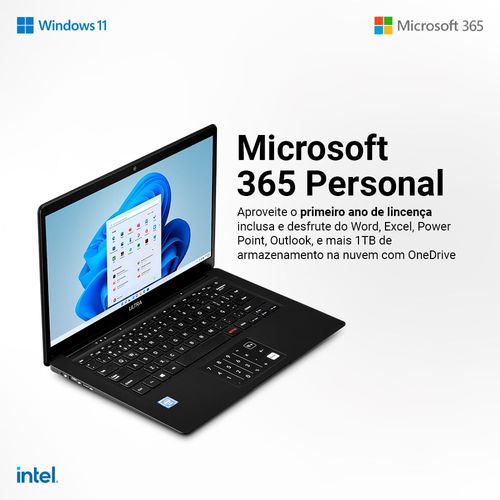 Notebook Legacy Book, com Windows 11 Home, Intel Celeron 4GB 64GB 14,1 Pol. HD, Preto + Microsoft 365 Personal com 1TB na Nuvem - PC270X [Reembalado]
