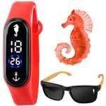 Relógio Digital Infantil Prova Dagua + Oculos Proteção Uv Resistente Verão Vermelho Praia Criança