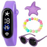 Relógio Digital Infantil Prova Dagua + Oculos Sol + Pulseira Roxo Presente Fundo Mar Criança Menina